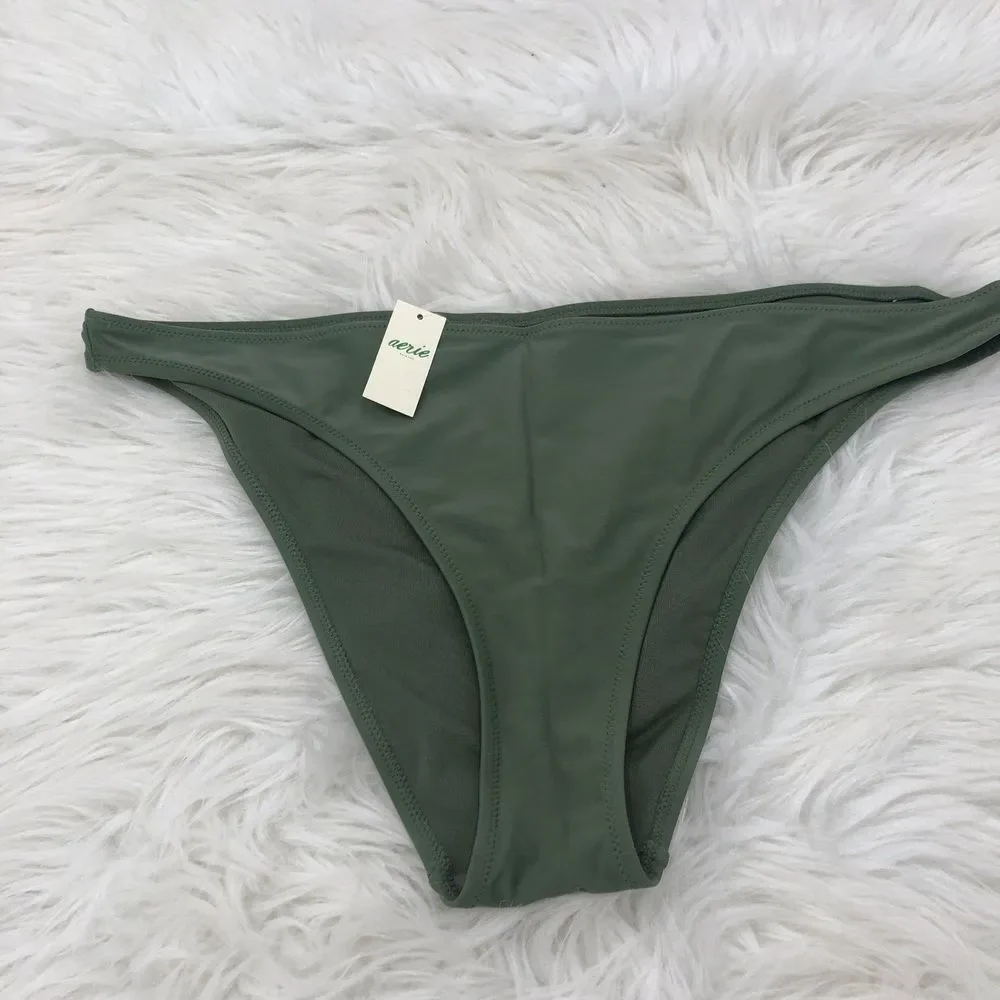 Aerie Womens Bikini XL Green Satin Stretch Cheeky Coverage Triangle Bottom NWT‎